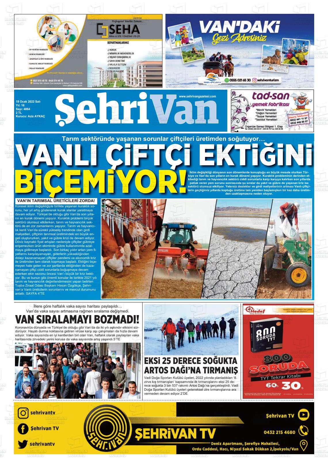 18 Ocak 2022 Şehrivan Gazete Manşeti