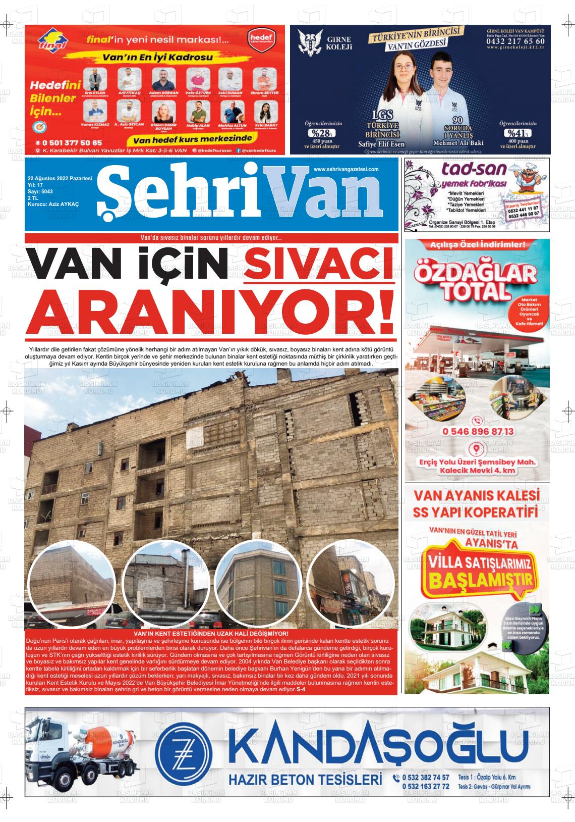 22 Ağustos 2022 Şehrivan Gazete Manşeti