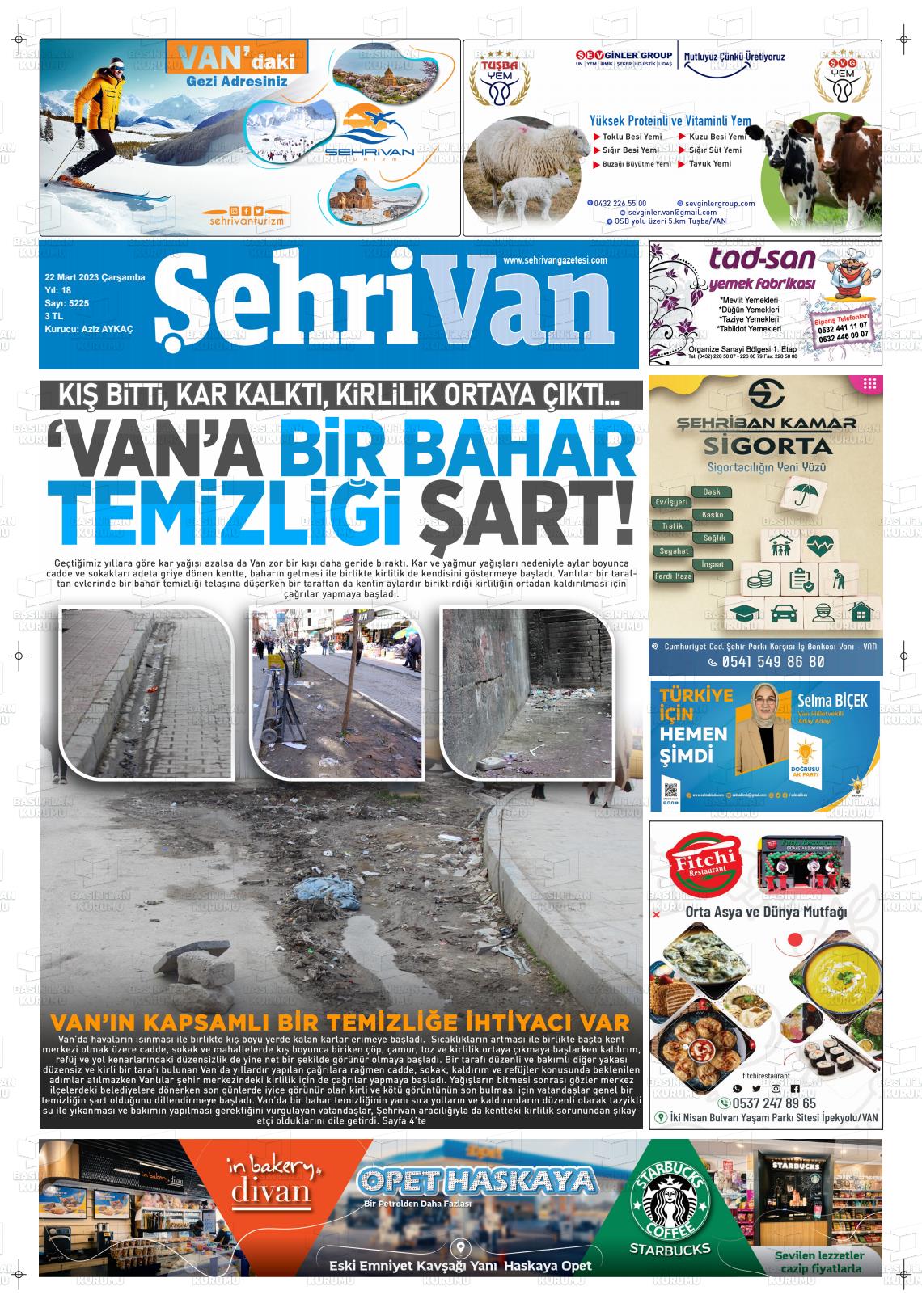 22 Mart 2023 Şehrivan Gazete Manşeti