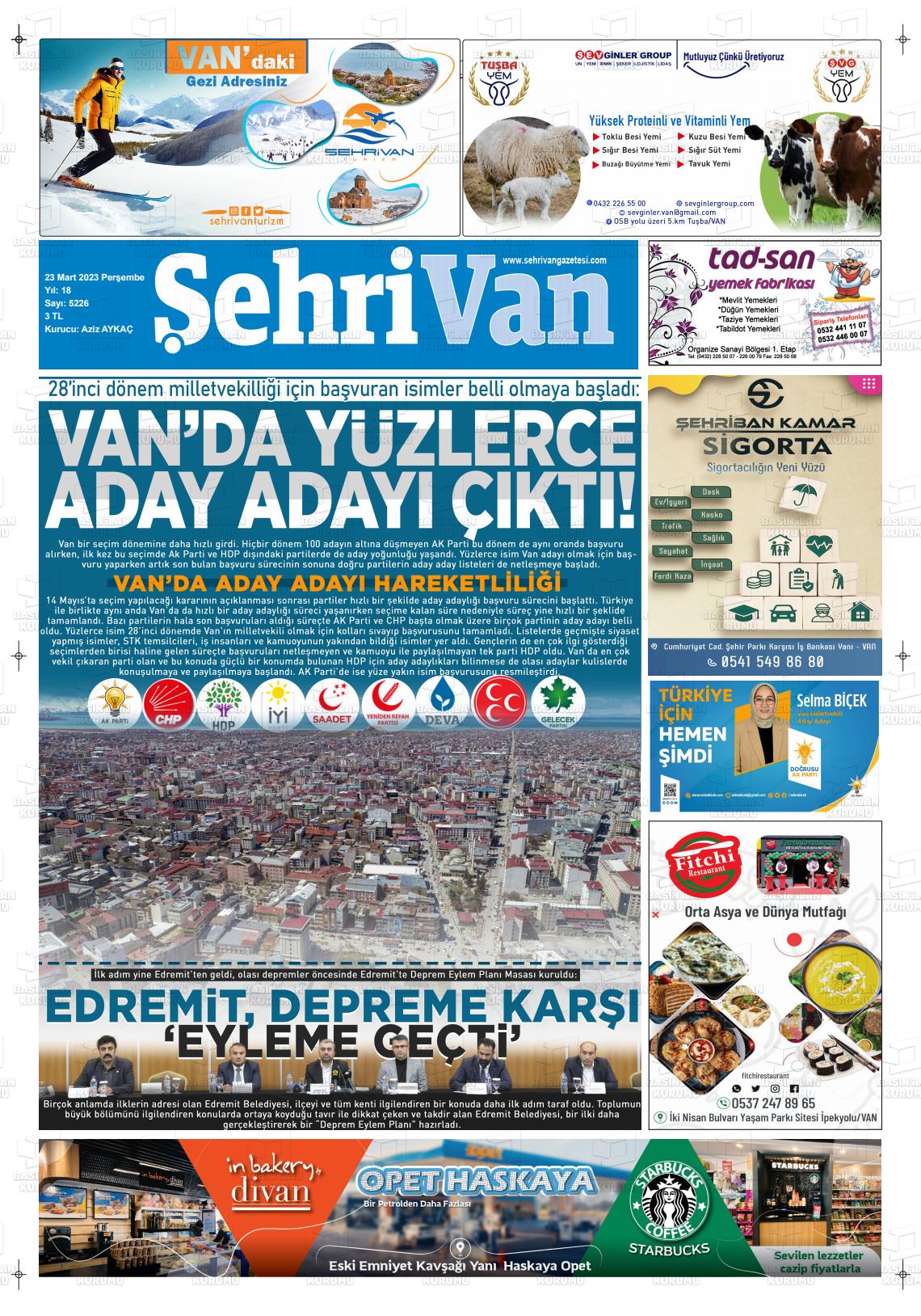 23 Mart 2023 Şehrivan Gazete Manşeti