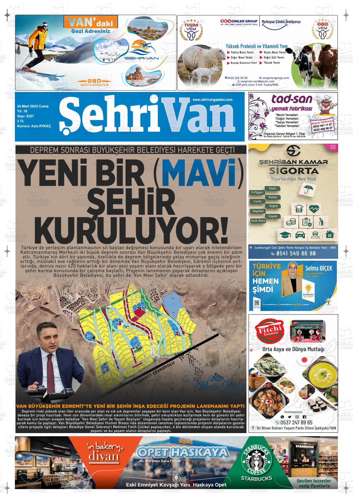 24 Mart 2023 Şehrivan Gazete Manşeti