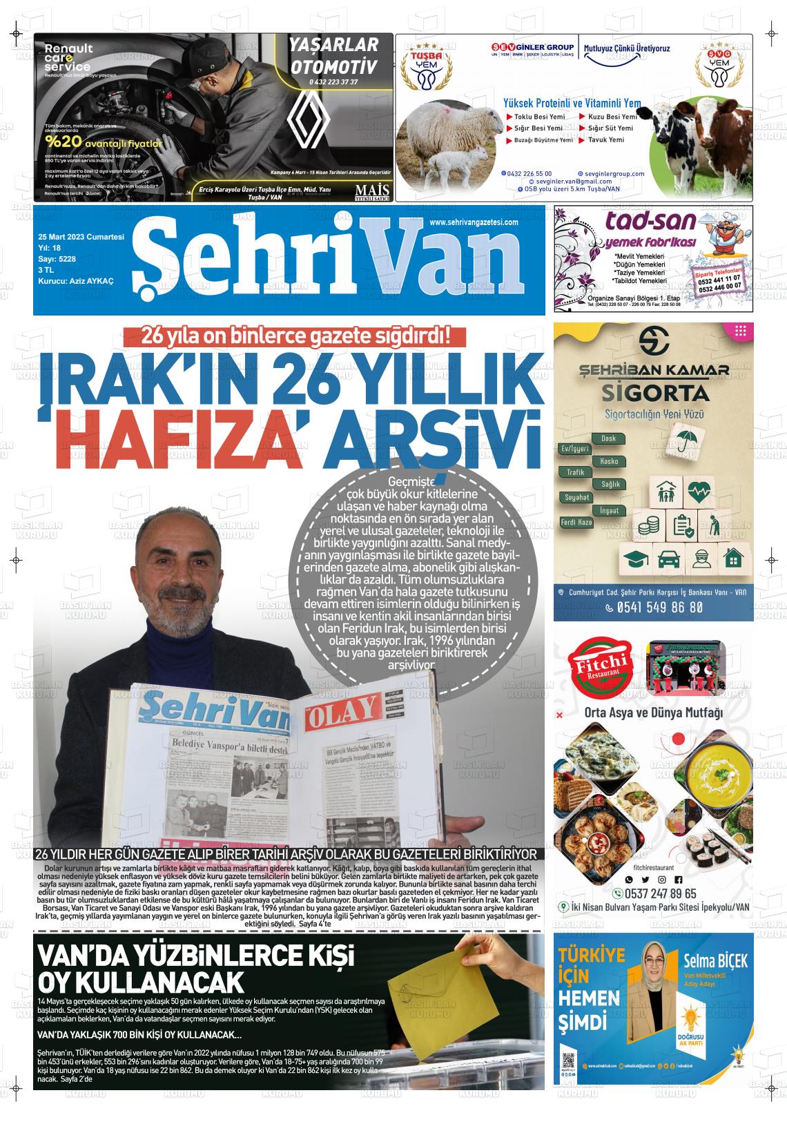 25 Mart 2023 Şehrivan Gazete Manşeti