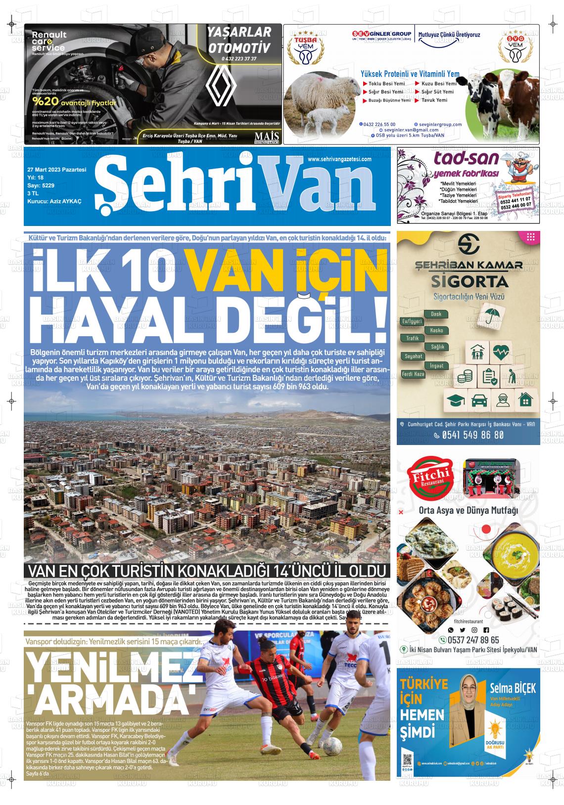 27 Mart 2023 Şehrivan Gazete Manşeti