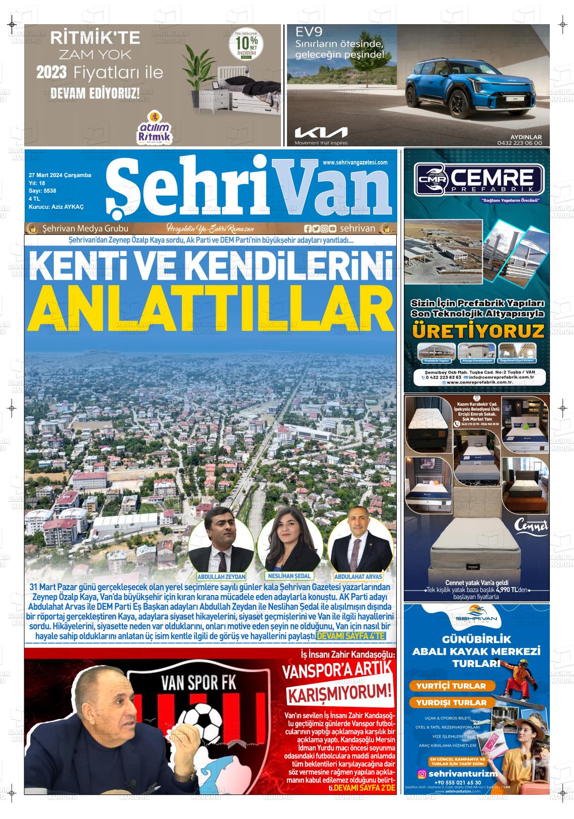 27 Mart 2024 Şehrivan Gazete Manşeti