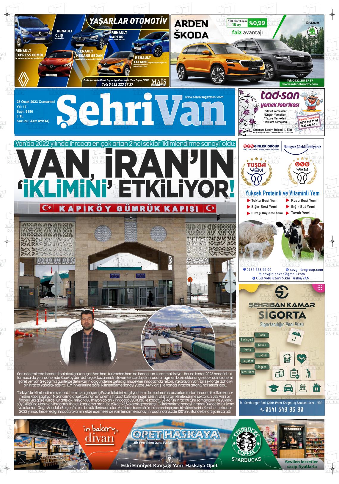28 Ocak 2023 Şehrivan Gazete Manşeti