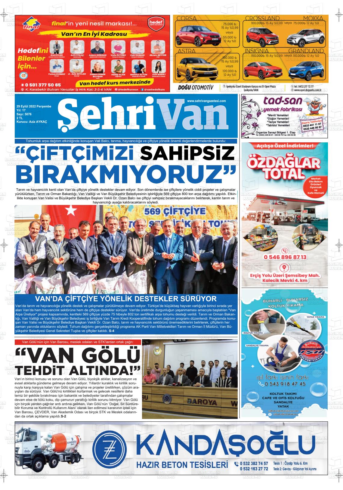 29 Eylül 2022 Şehrivan Gazete Manşeti
