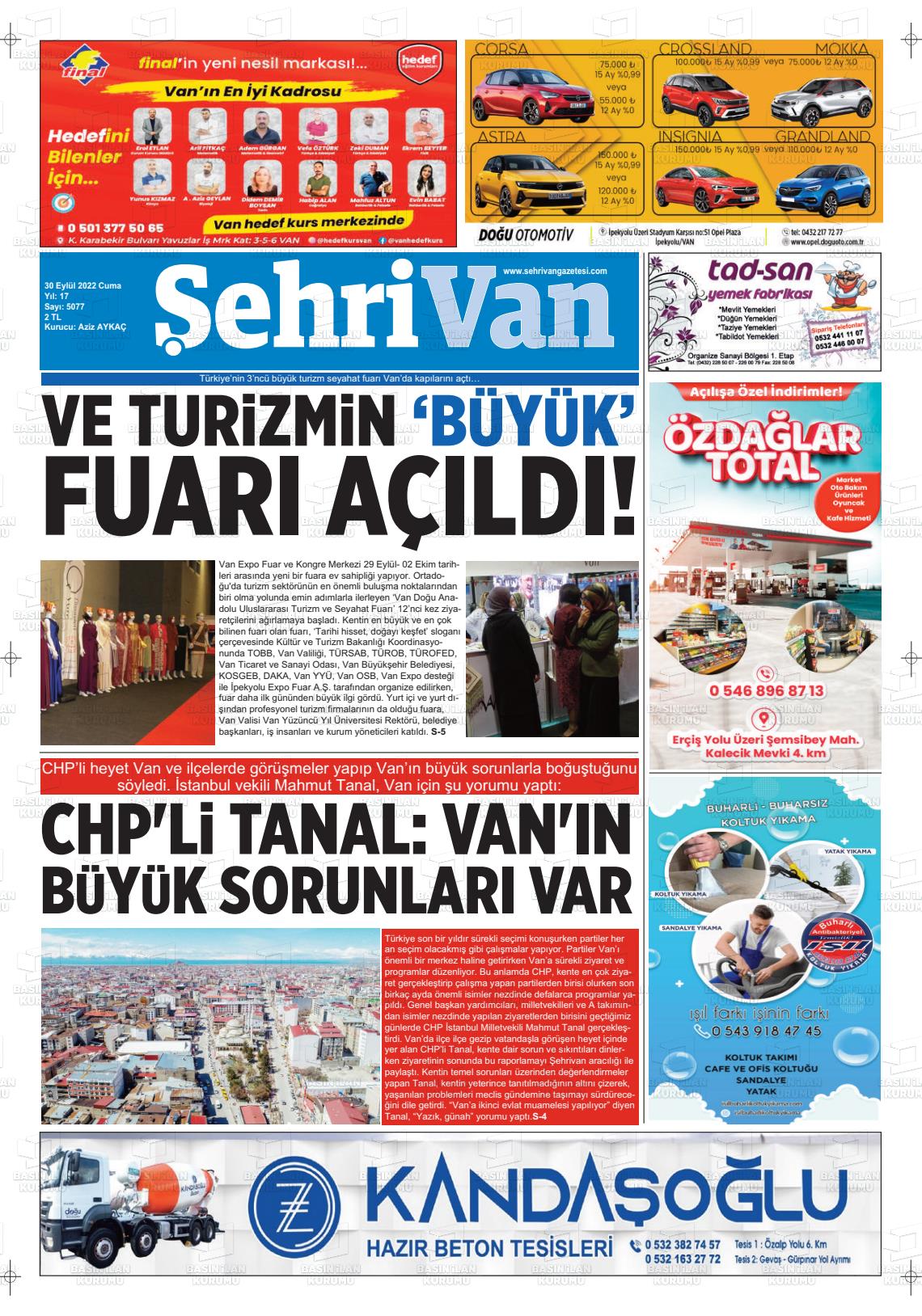 30 Eylül 2022 Şehrivan Gazete Manşeti