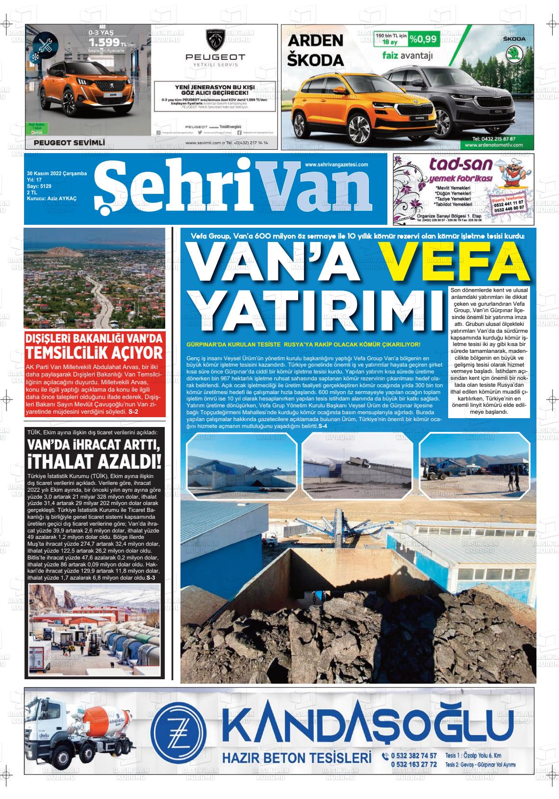 30 Kasım 2022 Şehrivan Gazete Manşeti