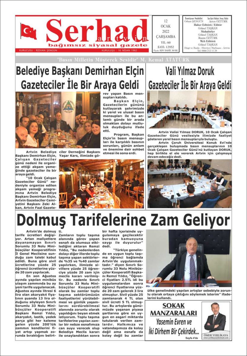 17 Ocak 2022 Serhat Artvin Gazete Manşeti