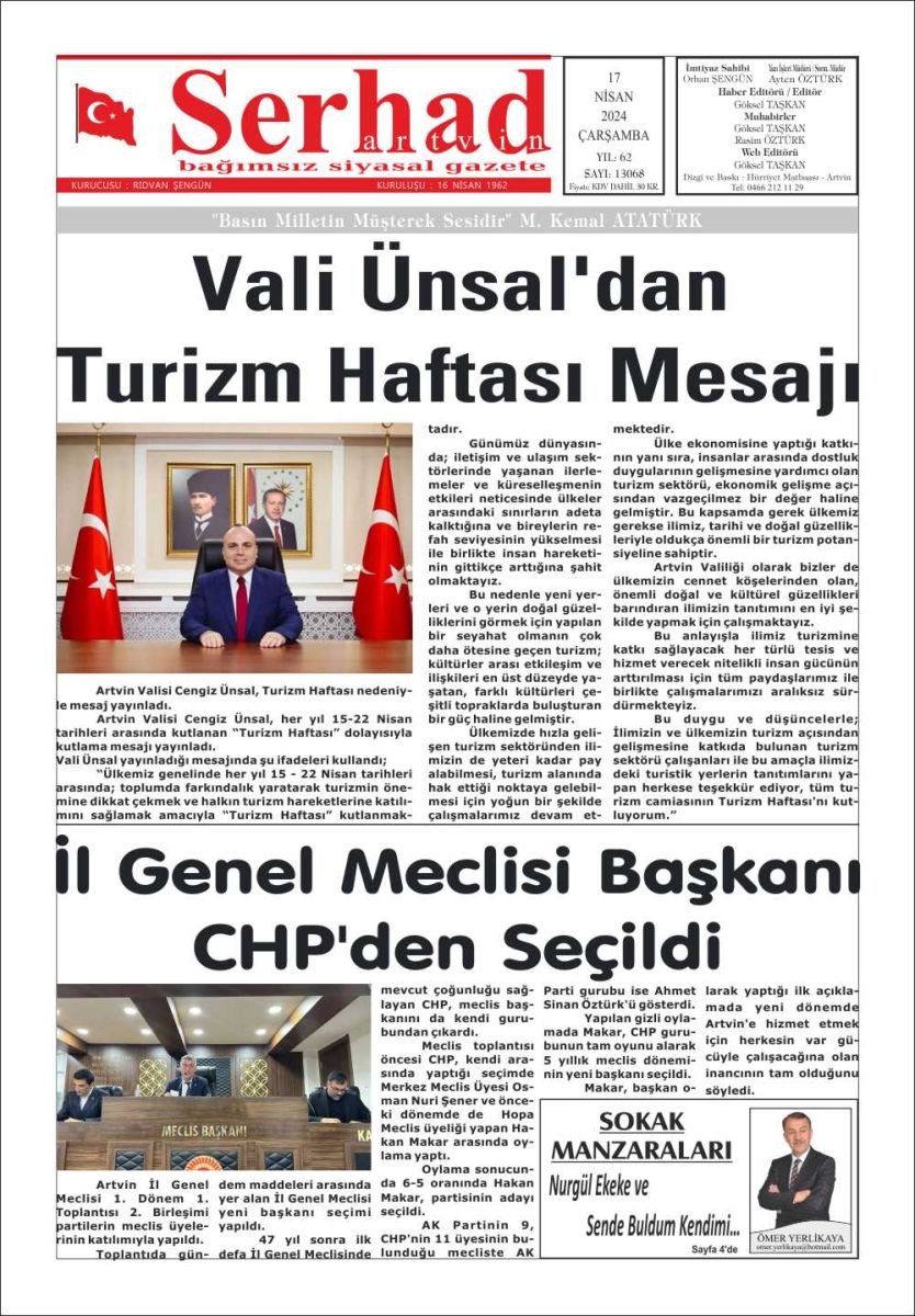 26 Nisan 2024 Serhat Artvin Gazete Manşeti