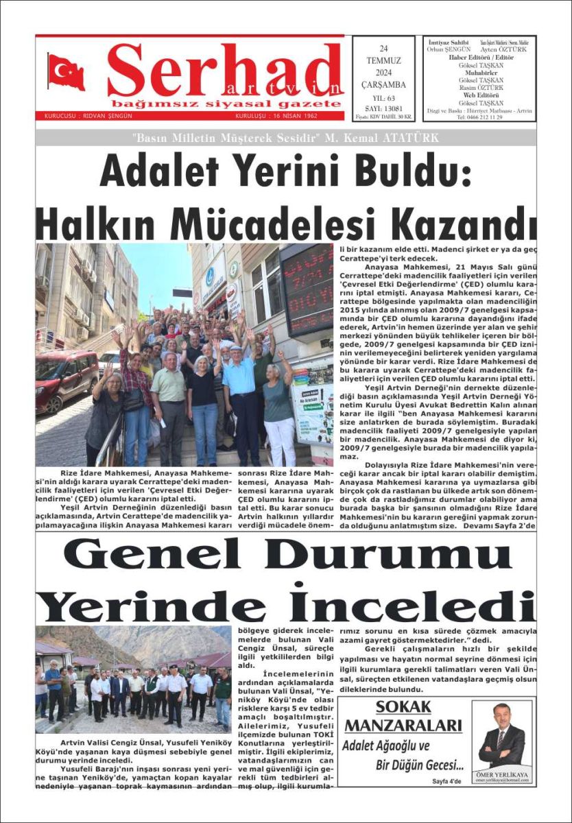 24 Temmuz 2024 Serhat Artvin Gazete Manşeti