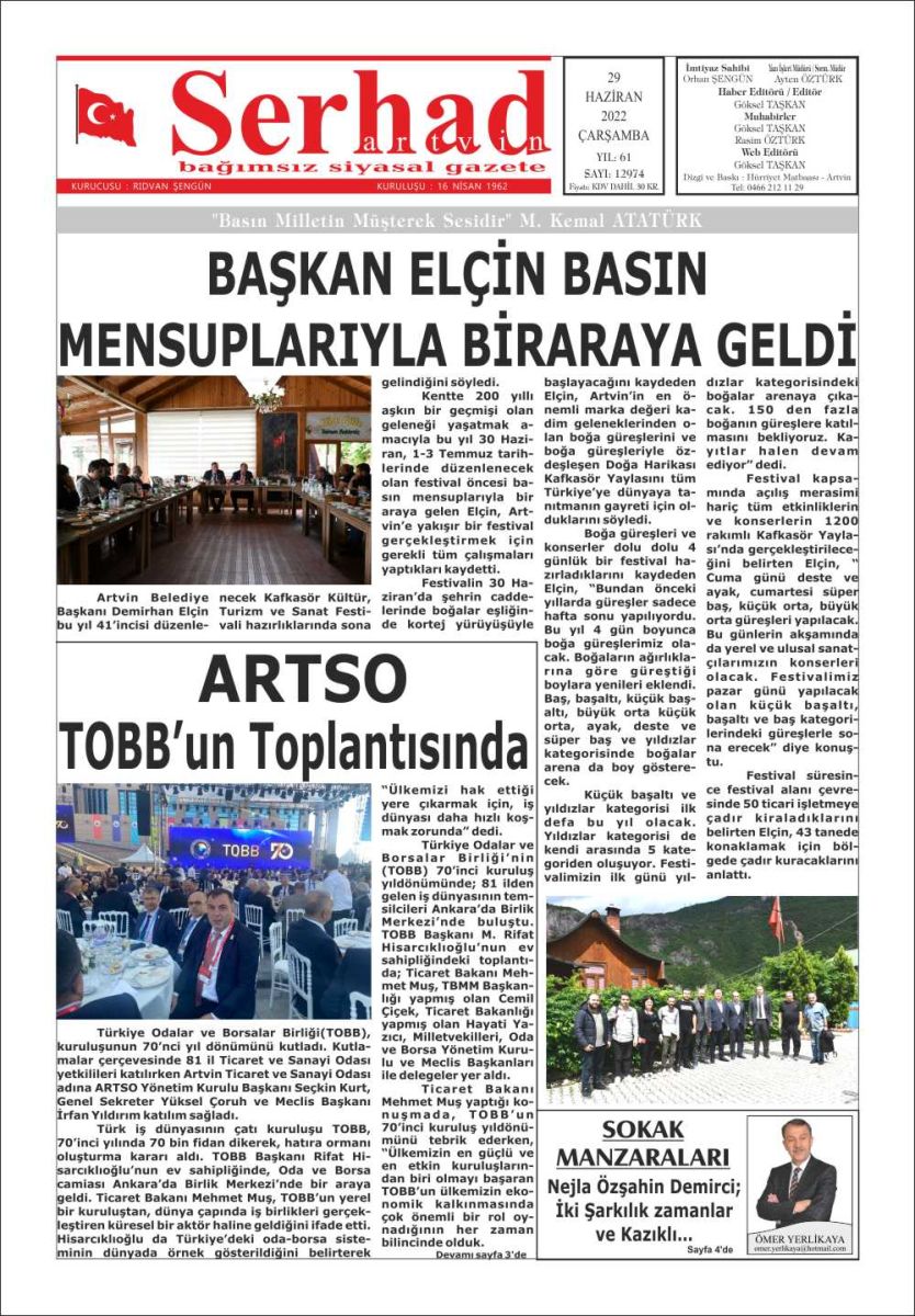 02 Temmuz 2022 Serhat Artvin Gazete Manşeti