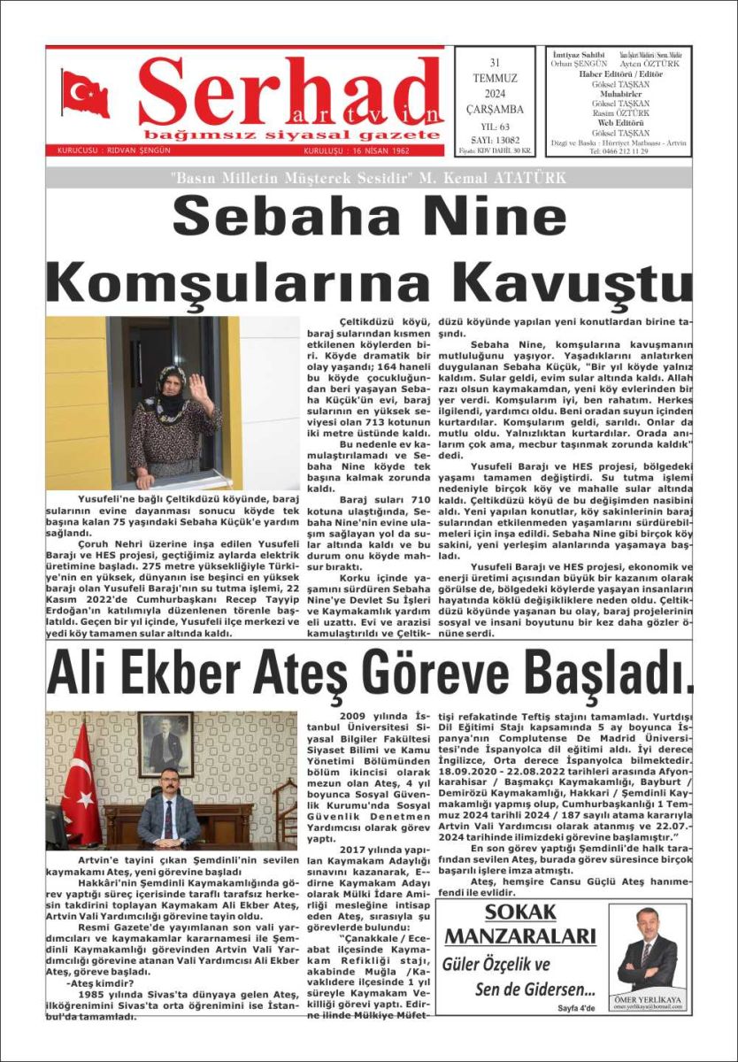 31 Temmuz 2024 Serhat Artvin Gazete Manşeti