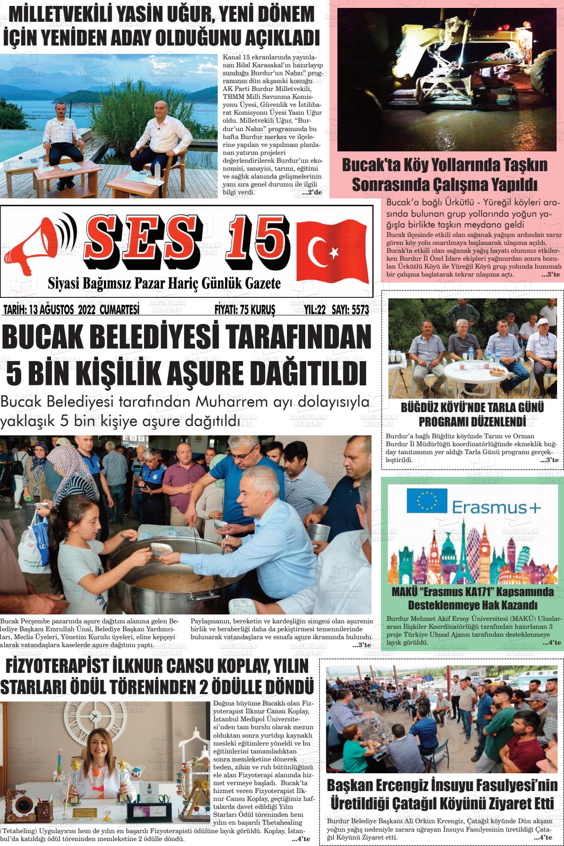 13 Ağustos 2022 Ses 15 Gazete Manşeti
