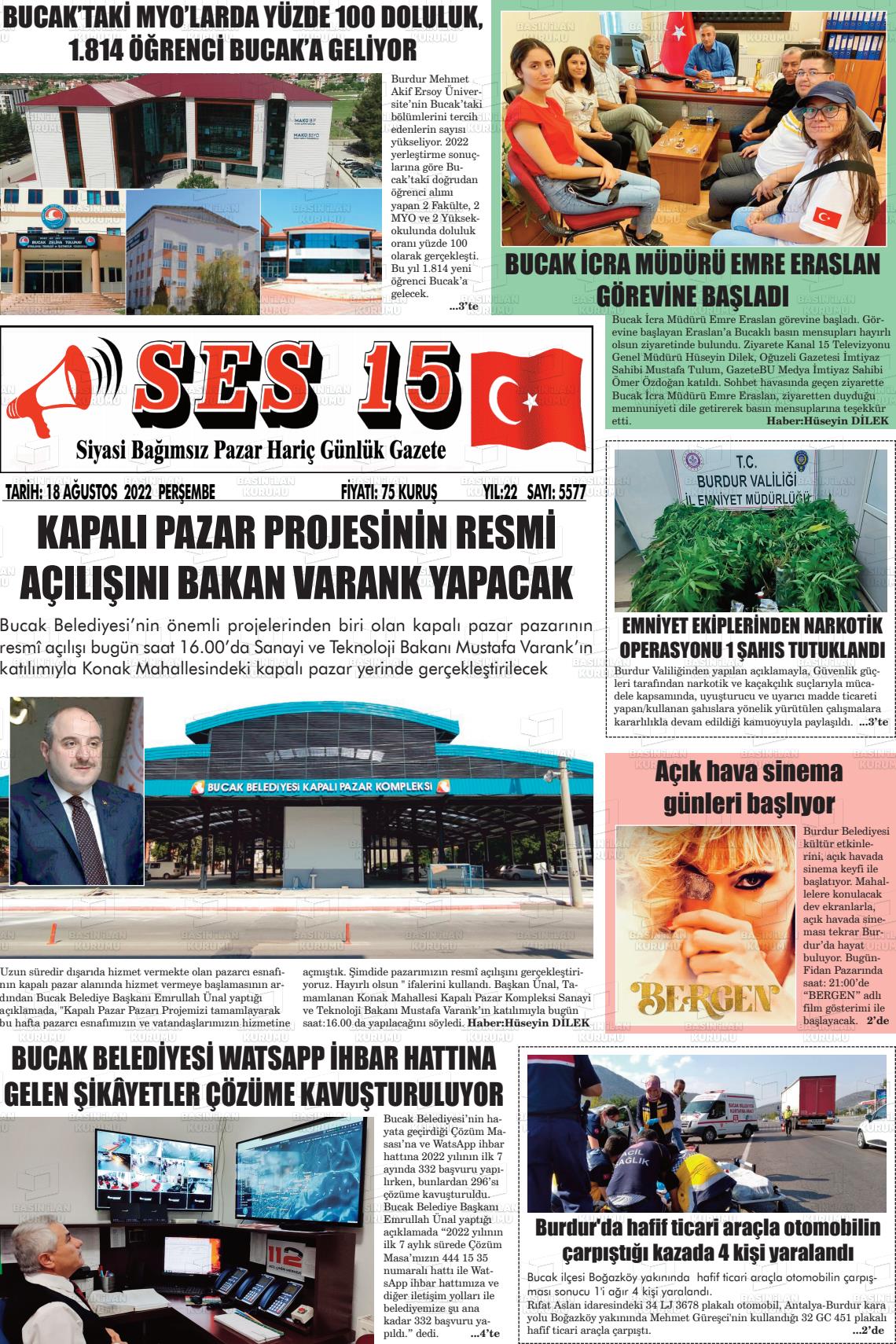 18 Ağustos 2022 Ses 15 Gazete Manşeti