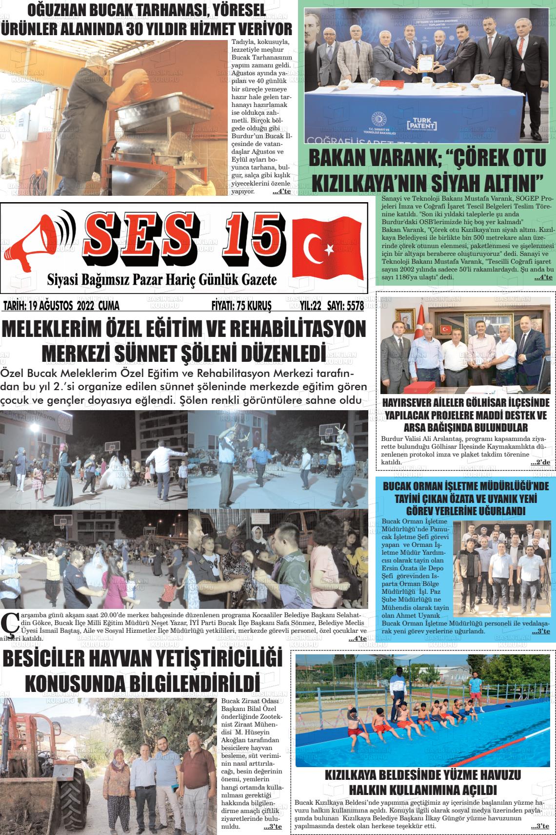 19 Ağustos 2022 Ses 15 Gazete Manşeti