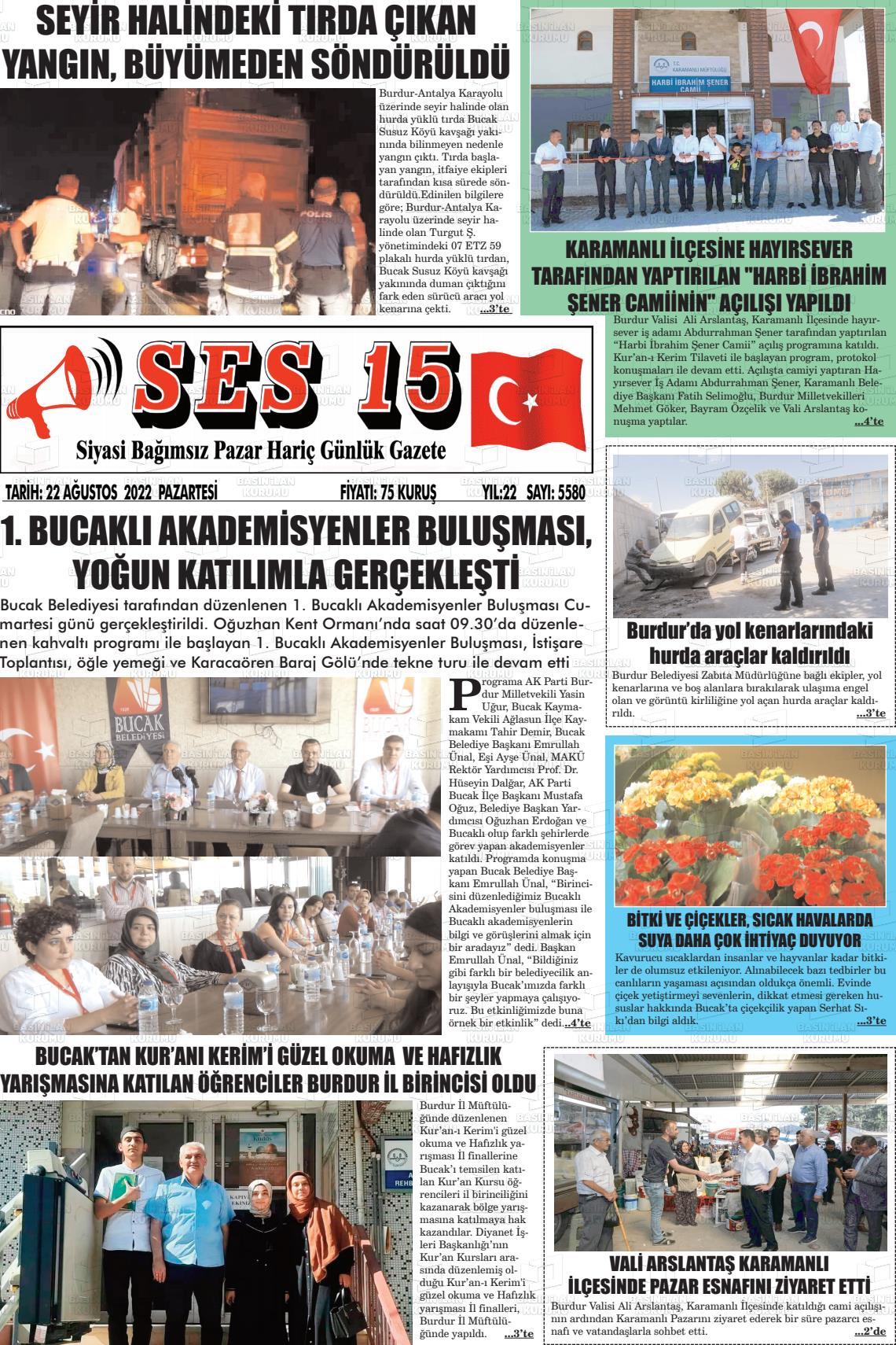 22 Ağustos 2022 Ses 15 Gazete Manşeti