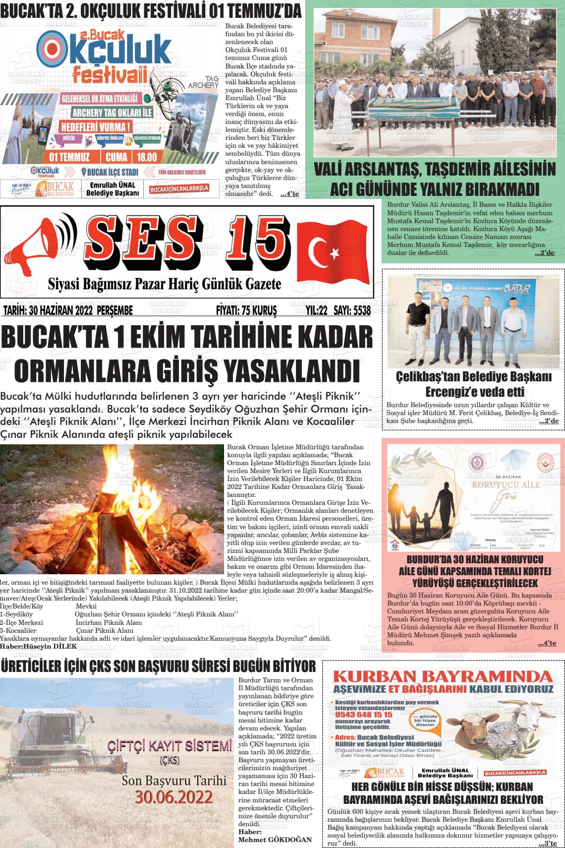 01 Temmuz 2022 Ses 15 Gazete Manşeti
