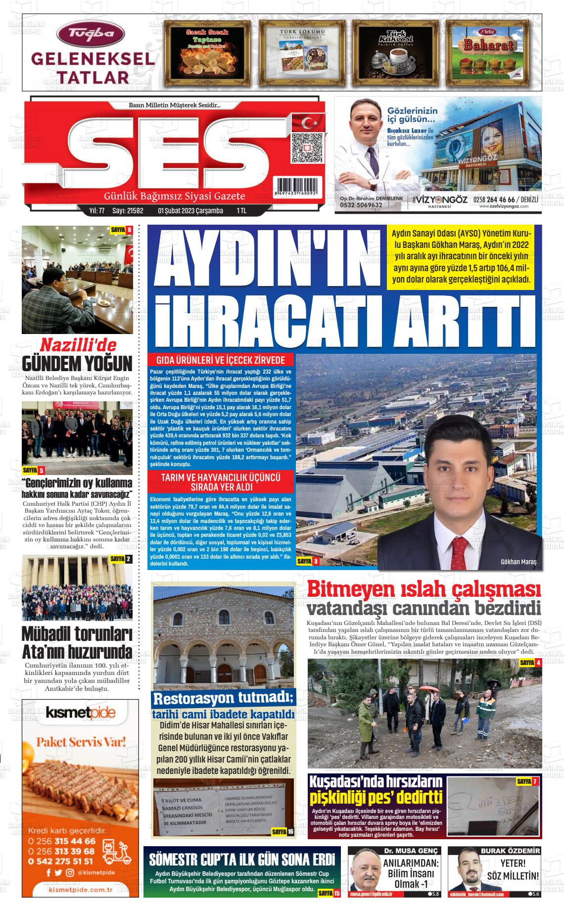 01 Şubat 2023 Aydın SES Gazete Manşeti