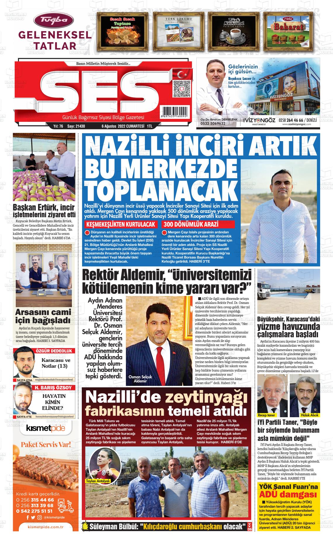 06 Ağustos 2022 Aydın SES Gazete Manşeti