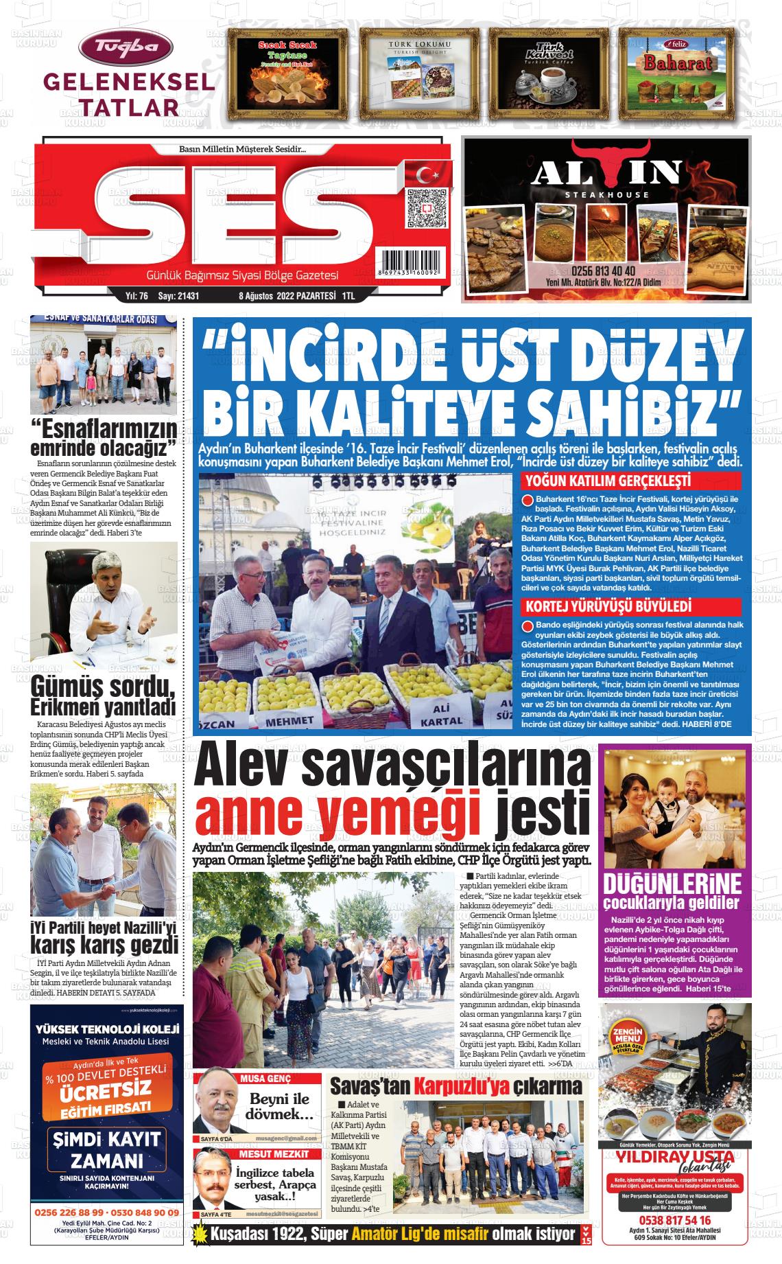 08 Ağustos 2022 Aydın SES Gazete Manşeti