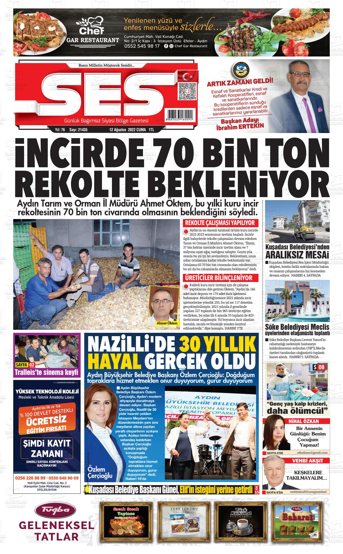 12 Ağustos 2022 Aydın SES Gazete Manşeti