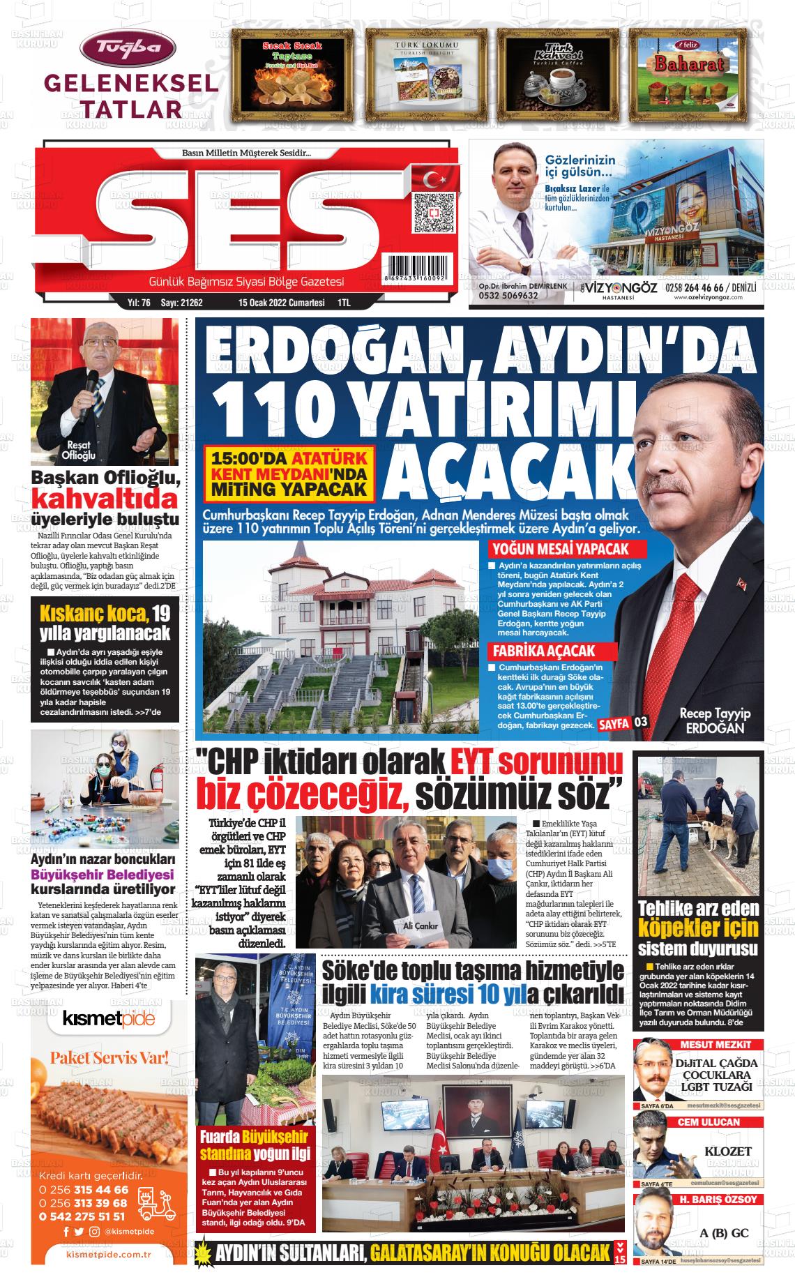 15 Ocak 2022 Aydın SES Gazete Manşeti