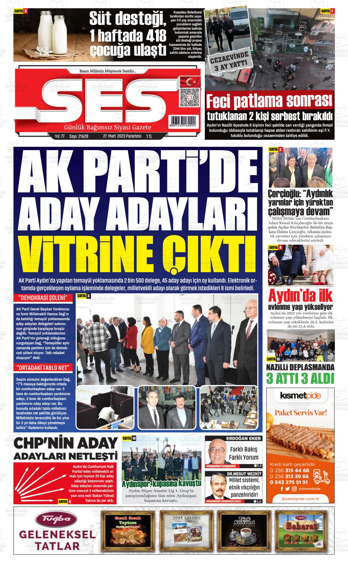 27 Mart 2023 Aydın SES Gazete Manşeti