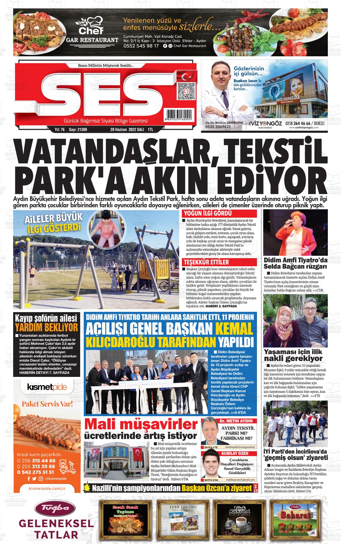 28 Haziran 2022 Aydın SES Gazete Manşeti