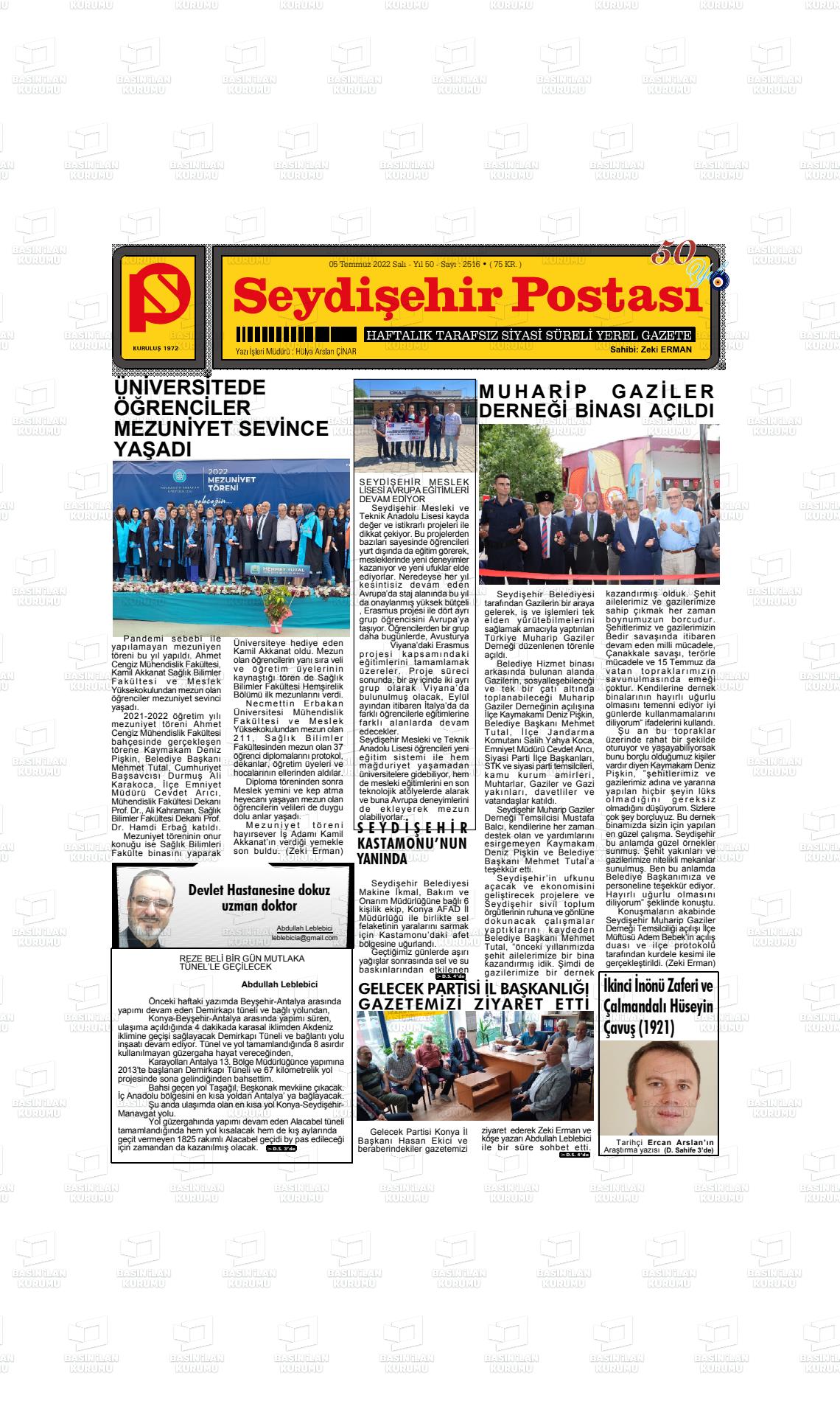 05 Temmuz 2022 Seydişehir Postası Gazete Manşeti