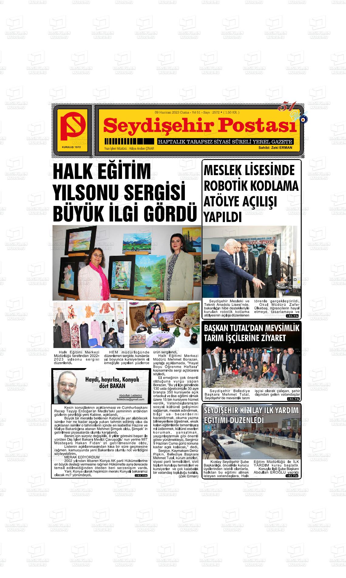 09 Haziran 2023 Seydişehir Postası Gazete Manşeti