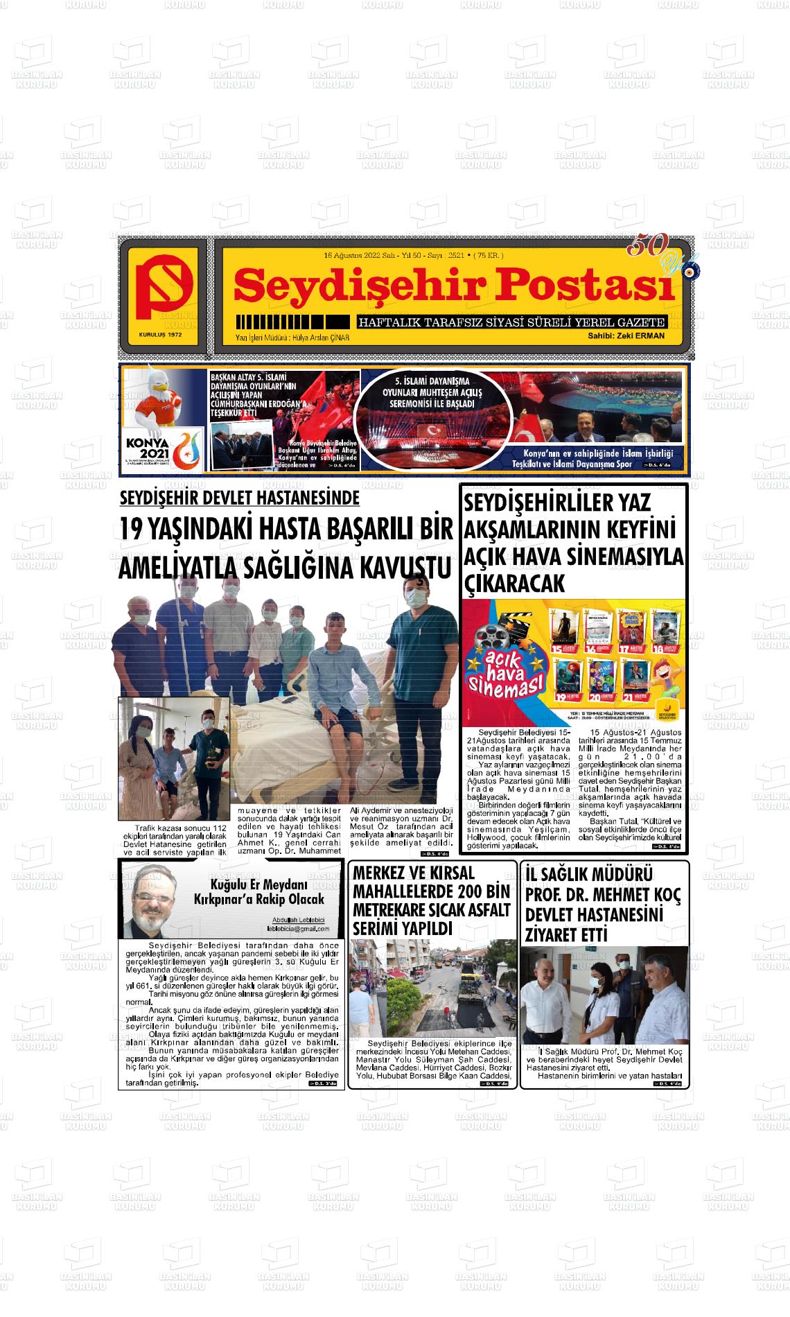 16 Ağustos 2022 Seydişehir Postası Gazete Manşeti
