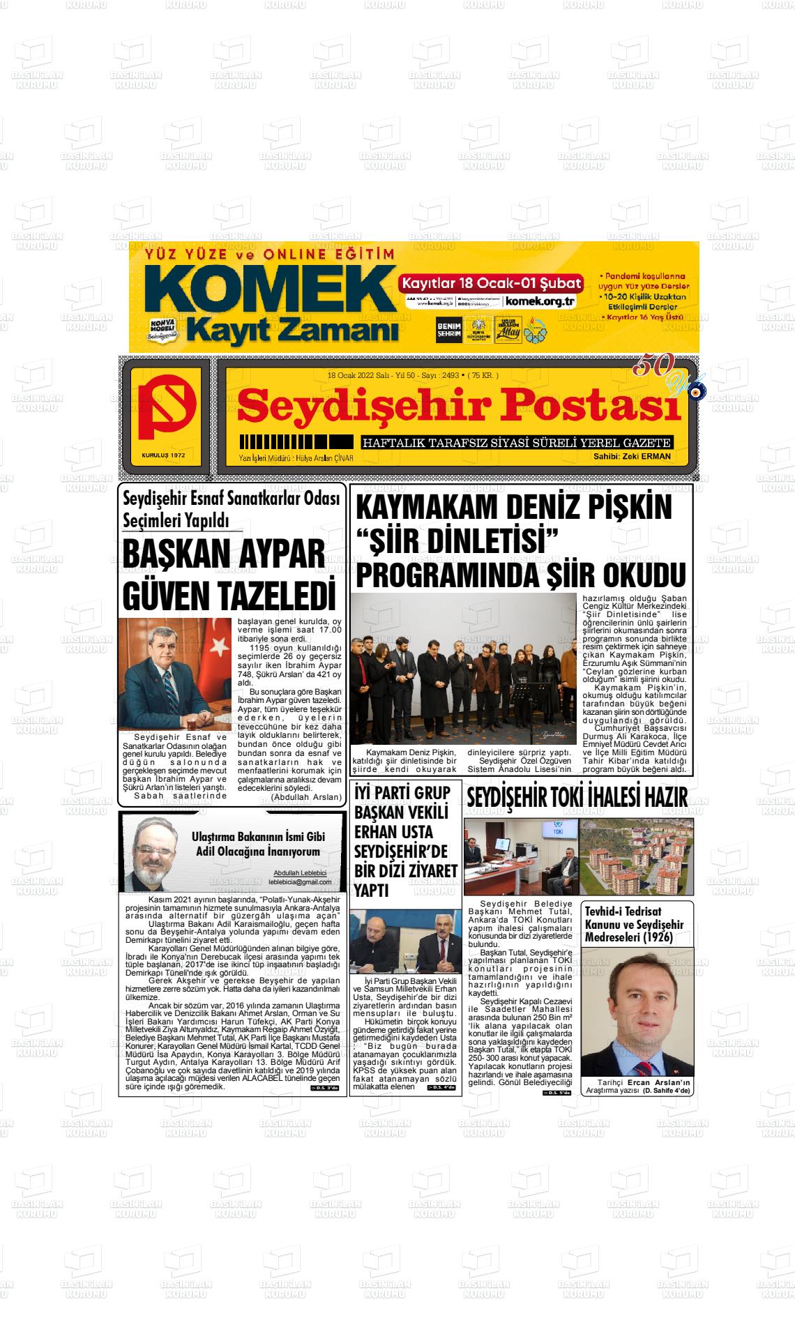 18 Ocak 2022 Seydişehir Postası Gazete Manşeti