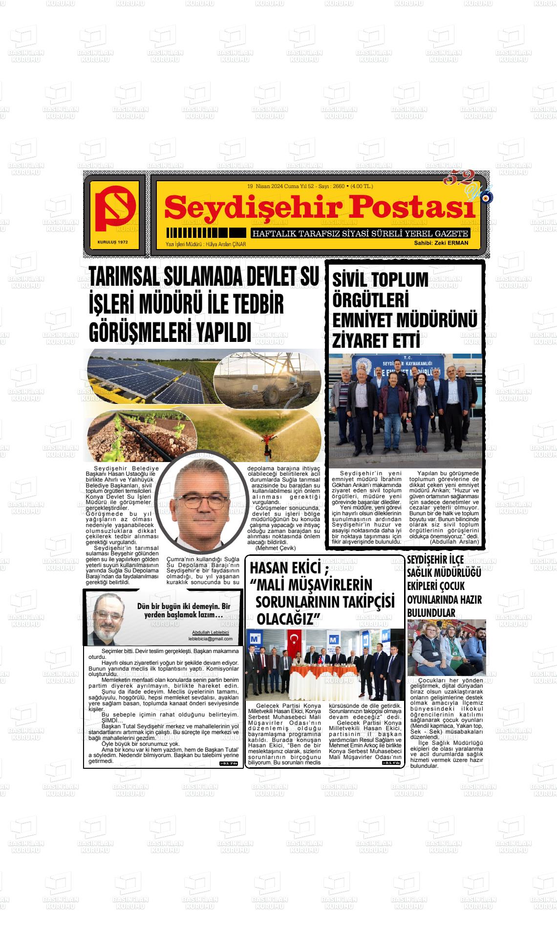 19 Nisan 2024 Seydişehir Postası Gazete Manşeti