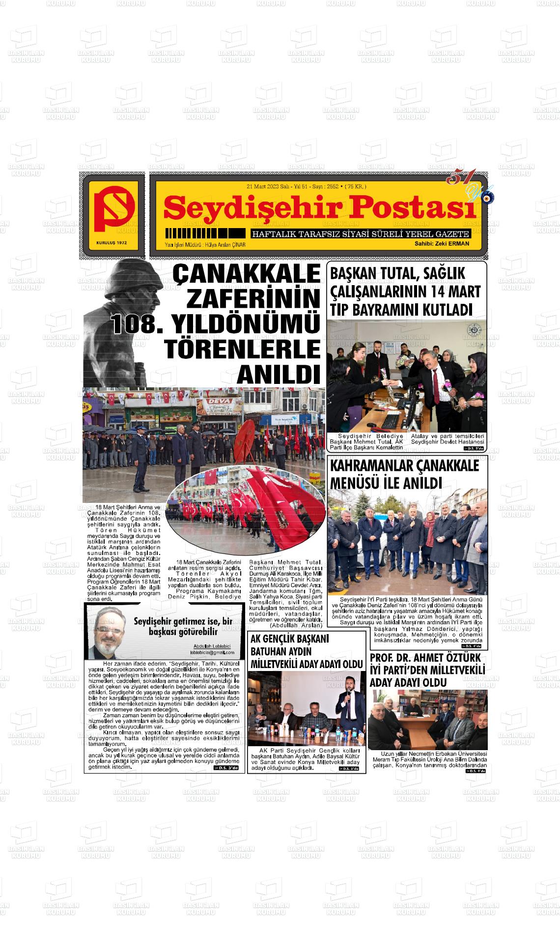 21 Mart 2023 Seydişehir Postası Gazete Manşeti