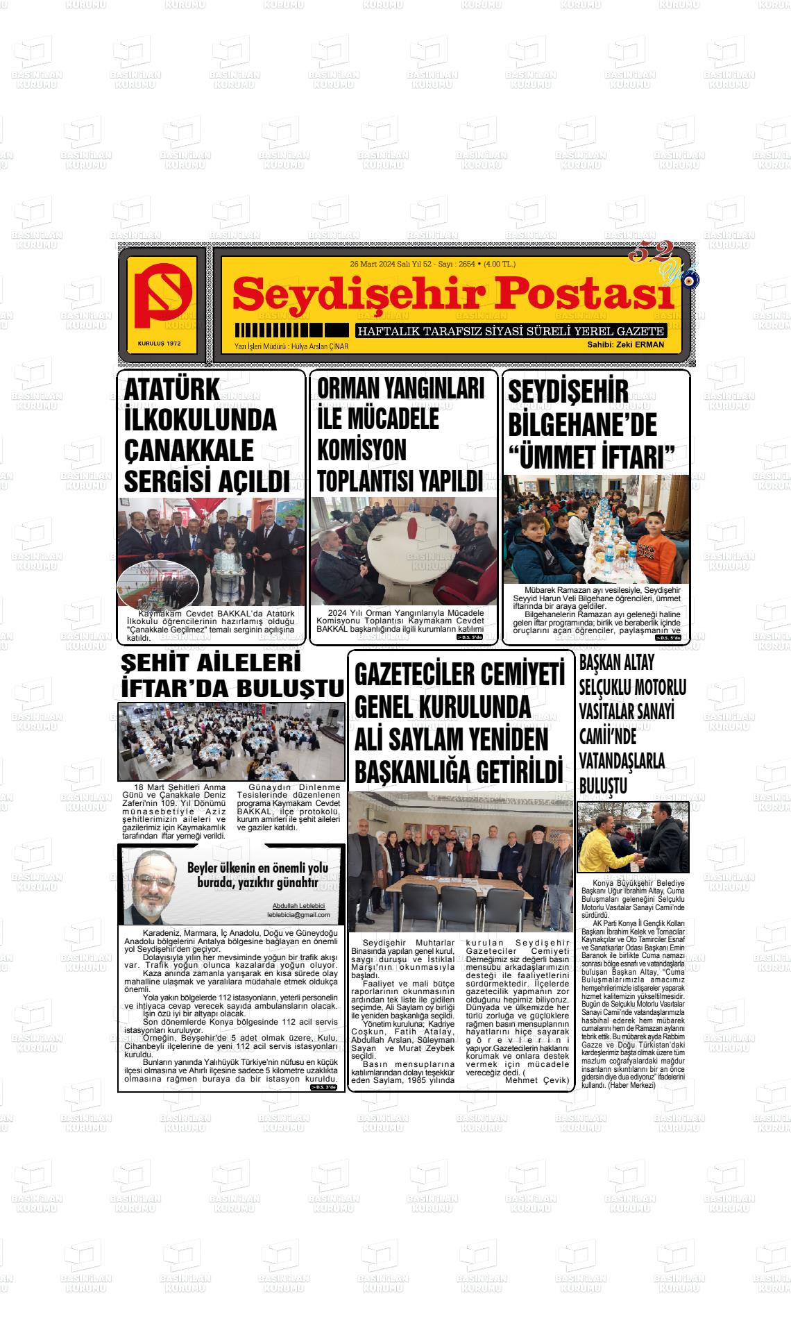 26 Mart 2024 Seydişehir Postası Gazete Manşeti