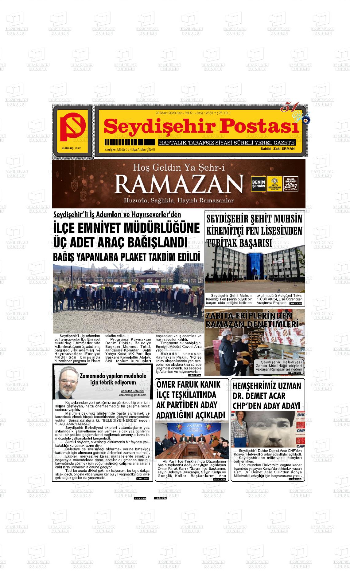 28 Mart 2023 Seydişehir Postası Gazete Manşeti