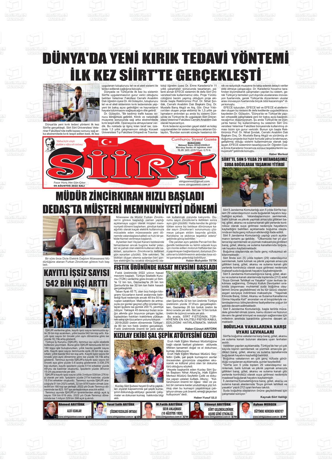 09 Ağustos 2022 Siirt Gazete Manşeti
