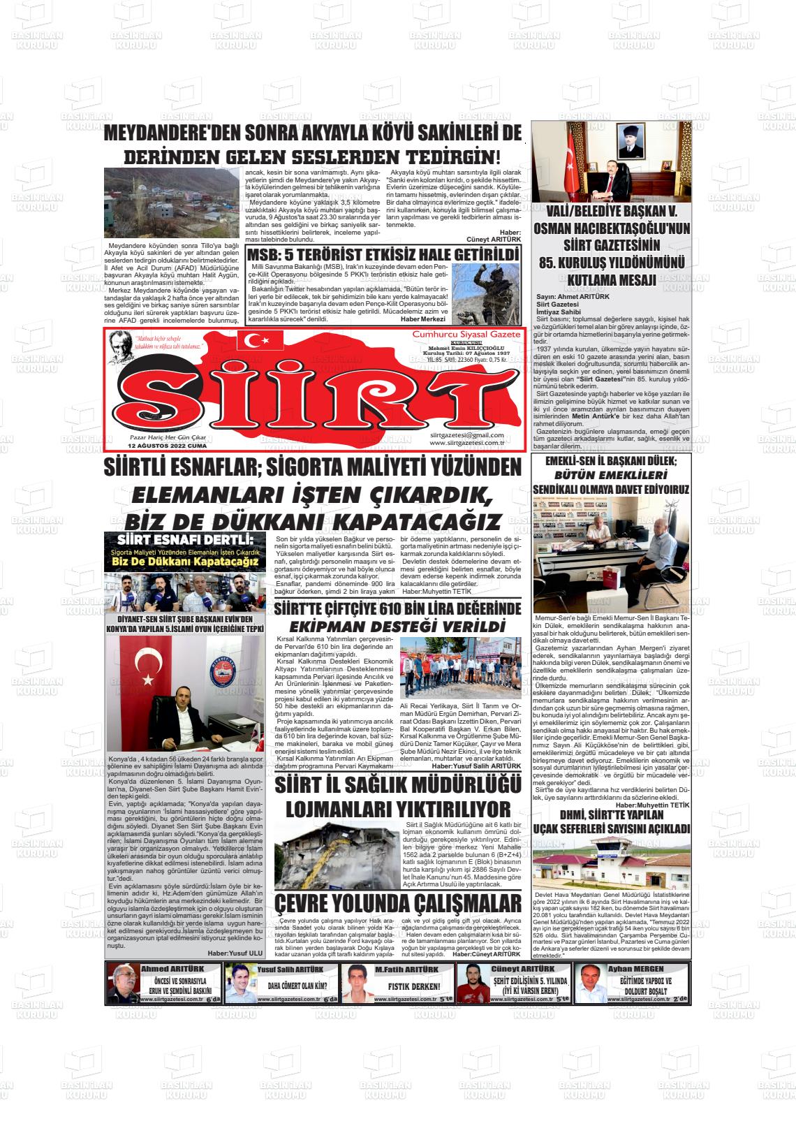 12 Ağustos 2022 Siirt Gazete Manşeti