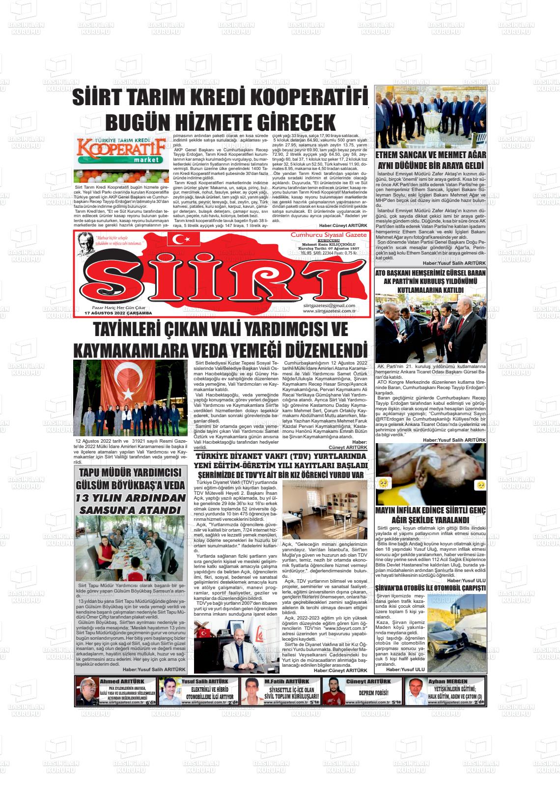17 Ağustos 2022 Siirt Gazete Manşeti