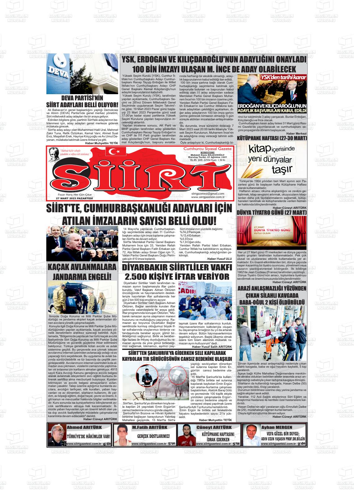 27 Mart 2023 Siirt Gazete Manşeti
