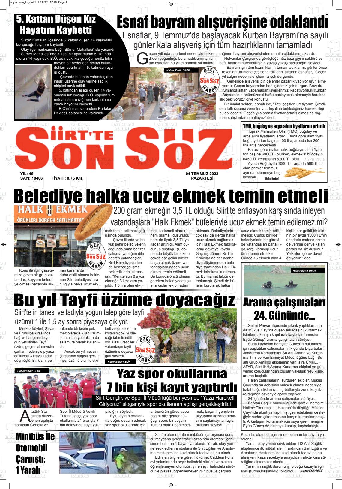 04 Temmuz 2022 Siirt'te Sonsöz Gazete Manşeti