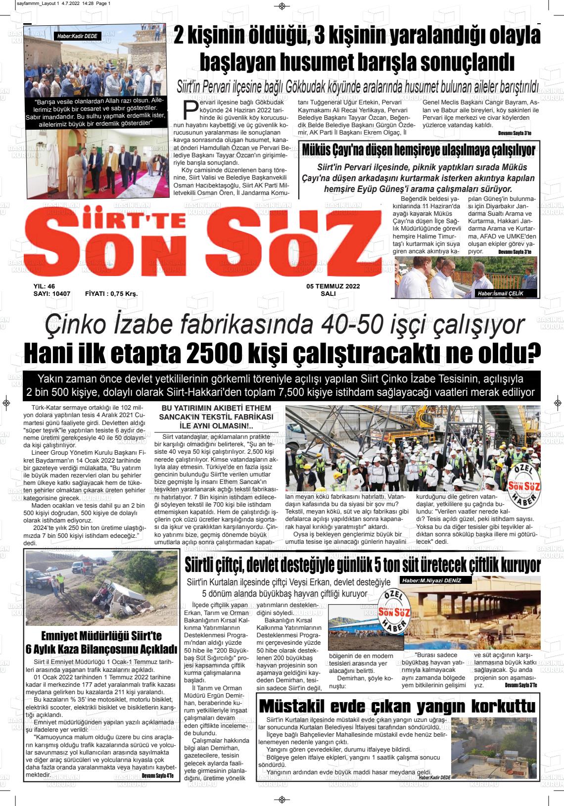 05 Temmuz 2022 Siirt'te Sonsöz Gazete Manşeti