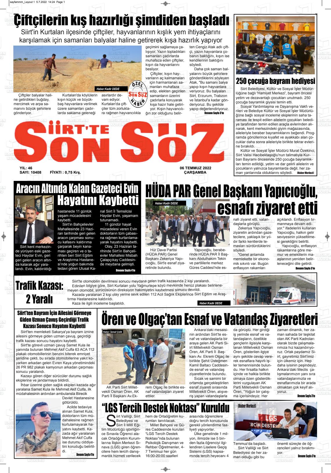 06 Temmuz 2022 Siirt'te Sonsöz Gazete Manşeti