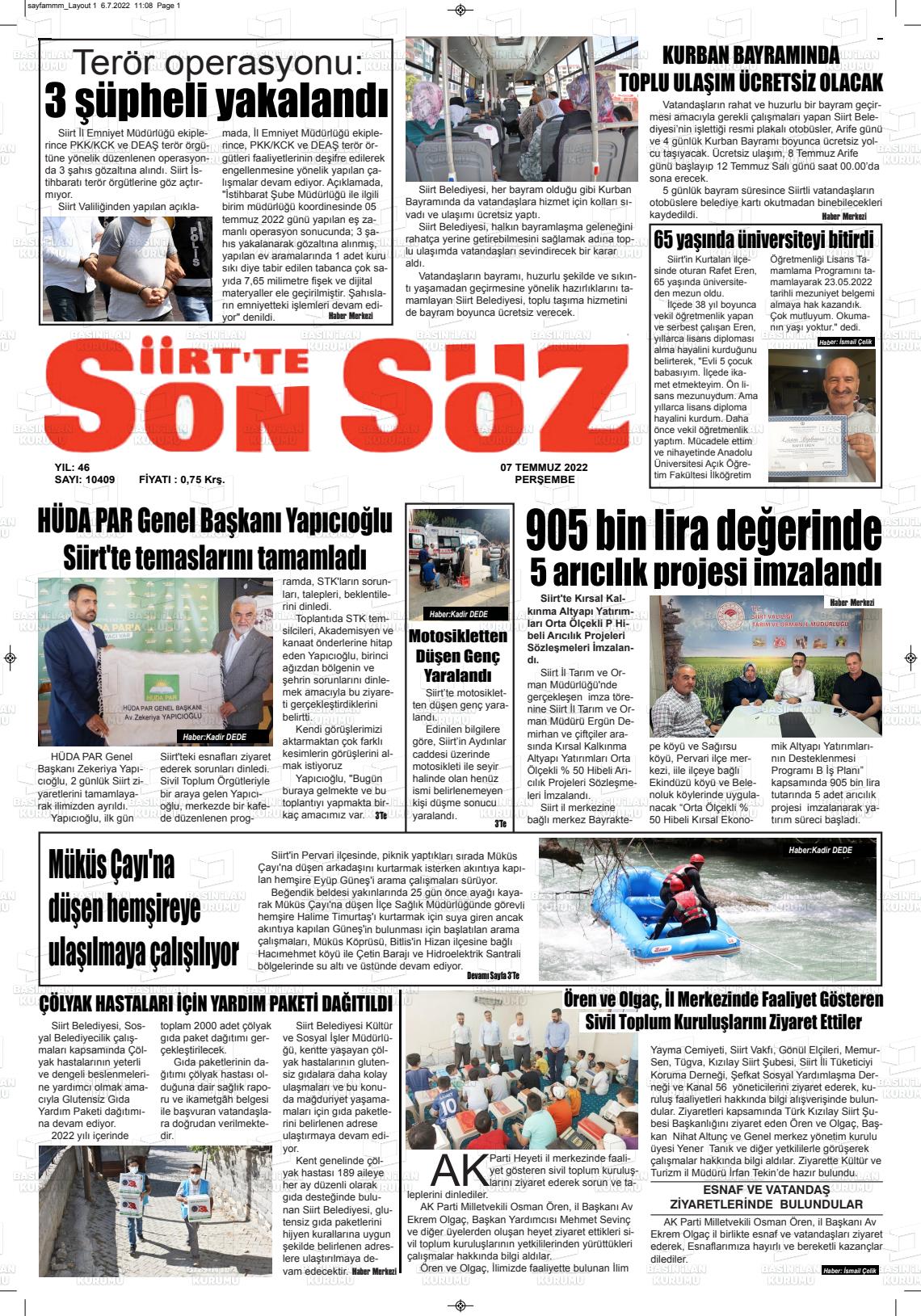 07 Temmuz 2022 Siirt'te Sonsöz Gazete Manşeti