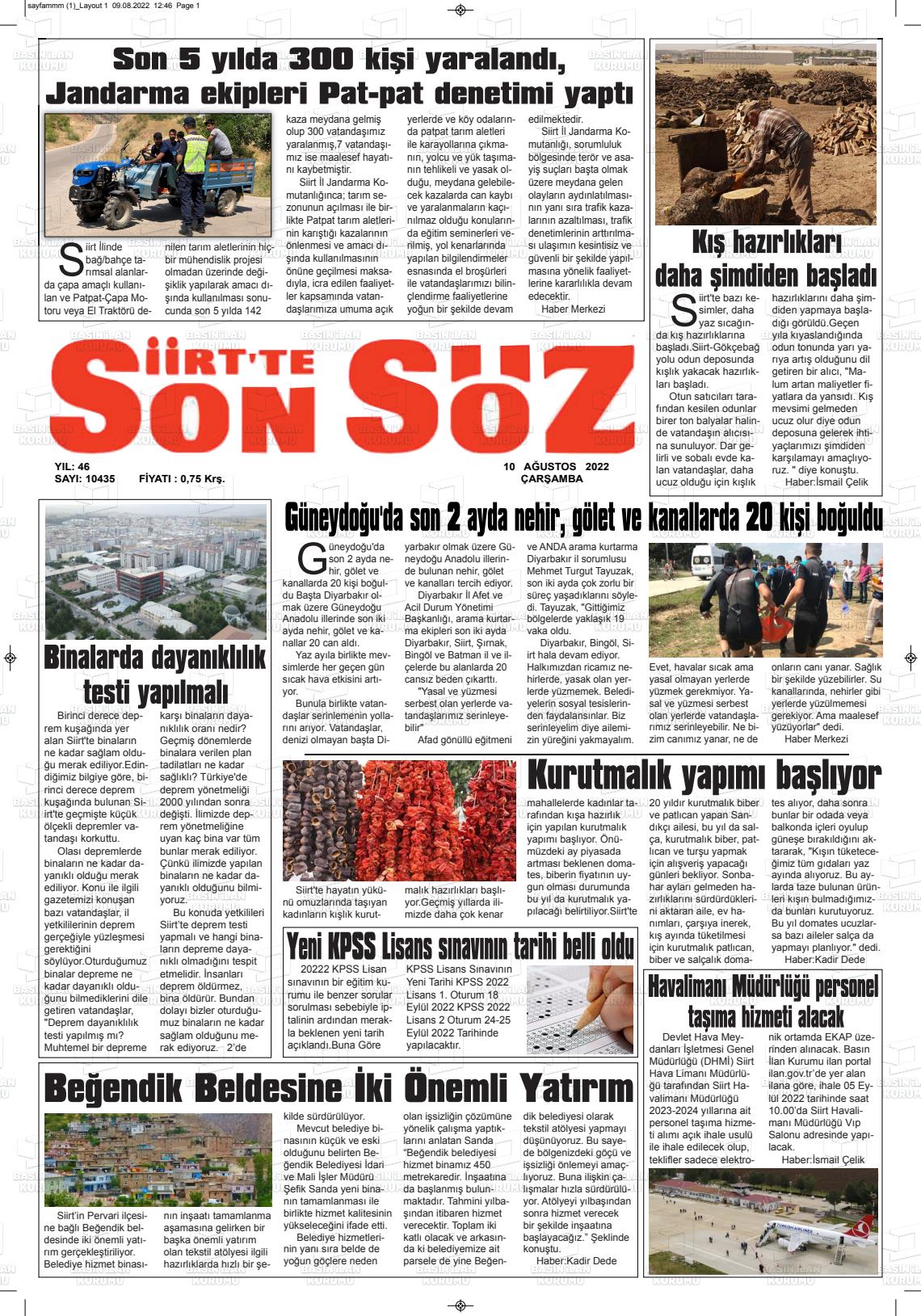 10 Ağustos 2022 Siirt'te Sonsöz Gazete Manşeti