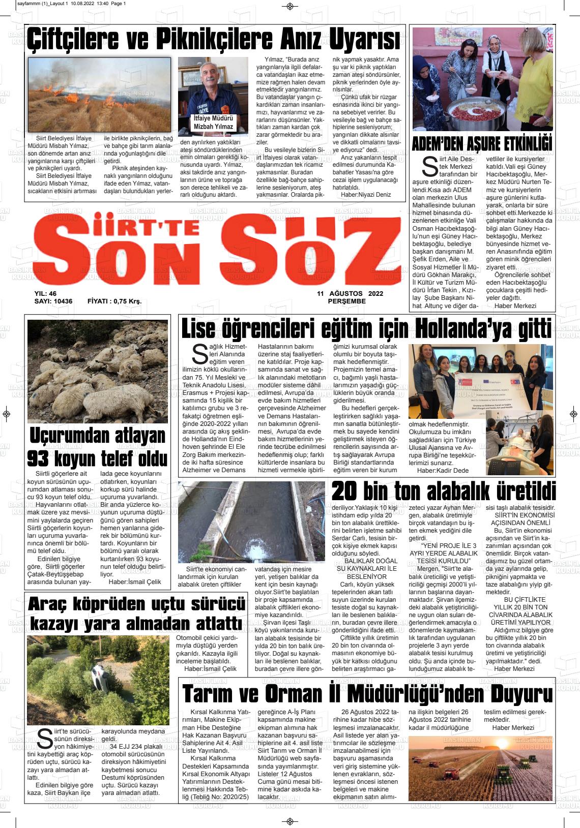 11 Ağustos 2022 Siirt'te Sonsöz Gazete Manşeti