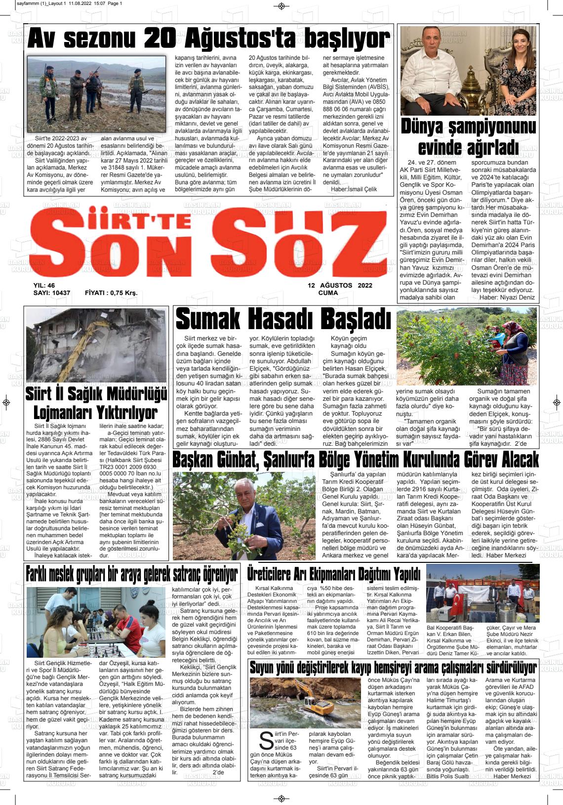 12 Ağustos 2022 Siirt'te Sonsöz Gazete Manşeti