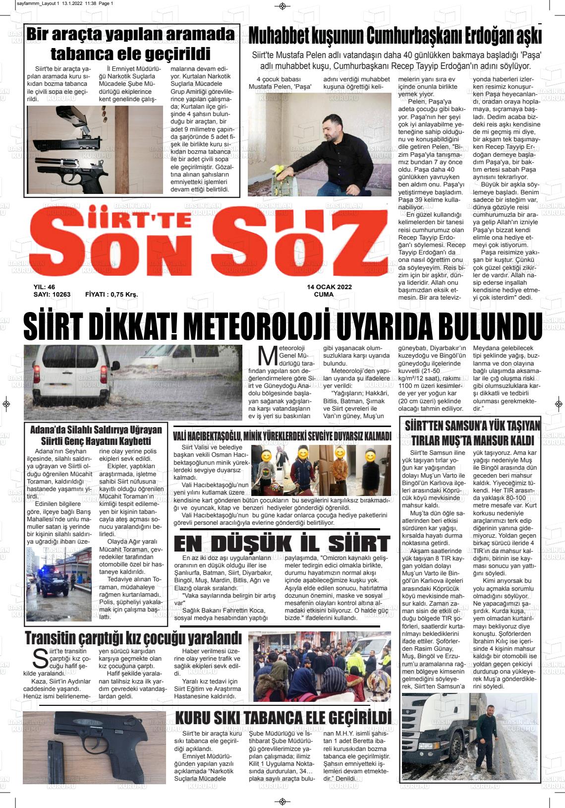 14 Ocak 2022 Siirt'te Sonsöz Gazete Manşeti