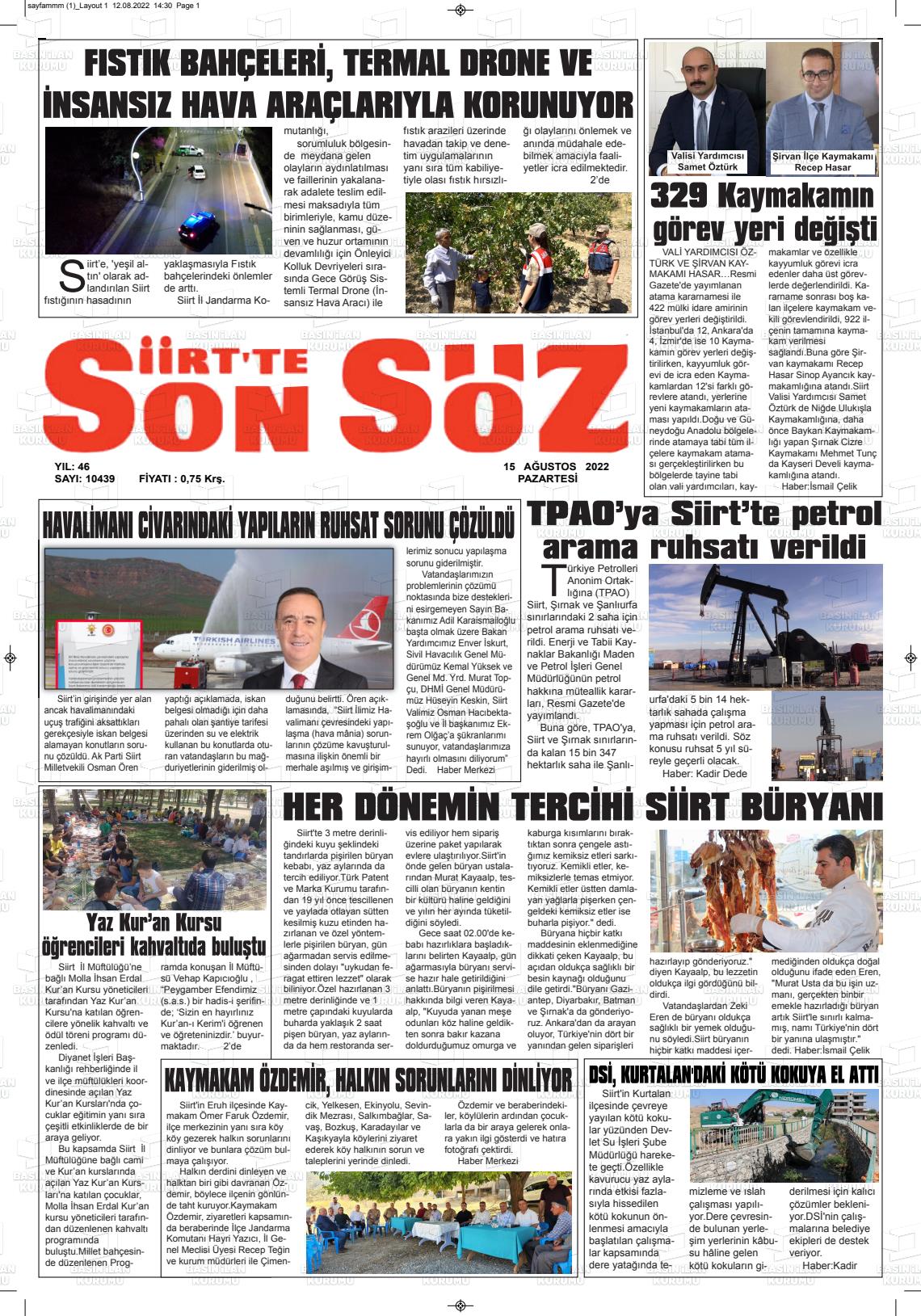15 Ağustos 2022 Siirt'te Sonsöz Gazete Manşeti